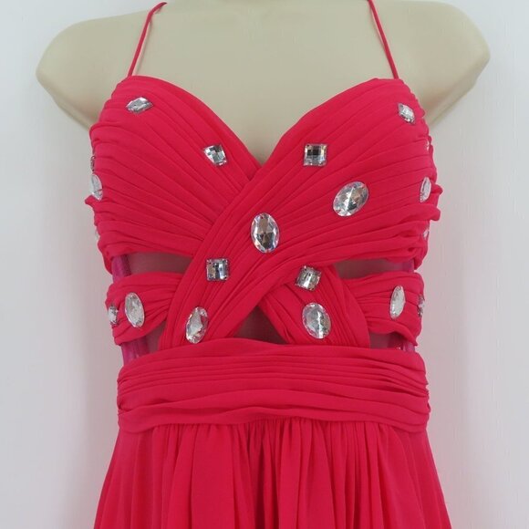 Cache Womens 2 Bright Pink Pleated Rhinestone Cutout Mesh Hi Low Dress Formal - Picture 2 of 11